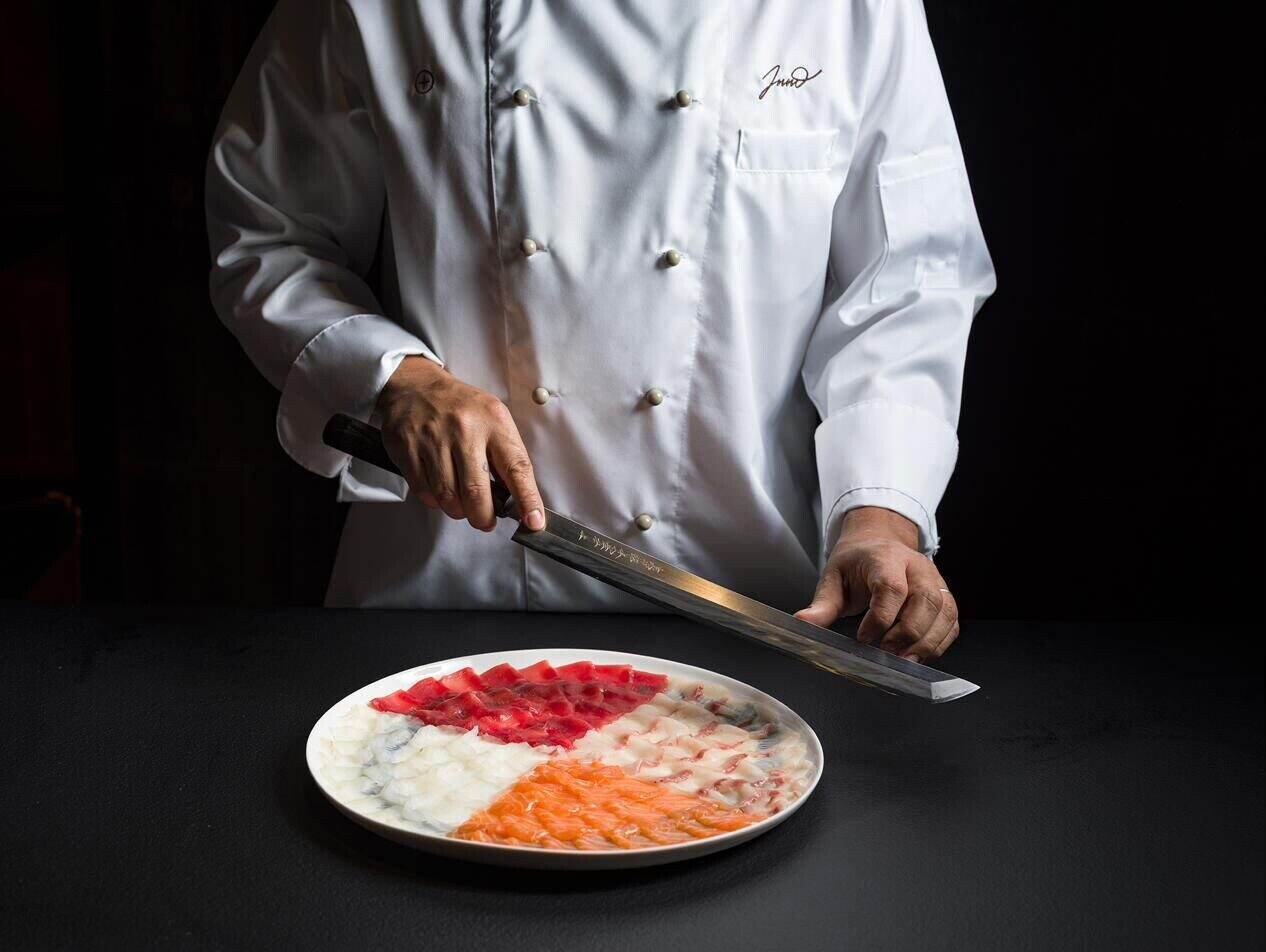Lo chef dispone il sashimi INNO al banco